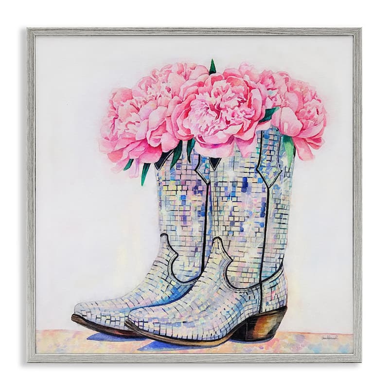 Stupell Floral Shimmering Cowgirl Boot Framed Giclee Art Design By Amanda Greenwood - 12 x 12 - Grey