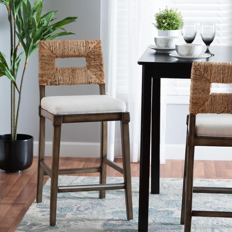 Porsha Modern Bohemian Dark Brown Finished Mahogany Wood and Natural Rattan Counter Stool