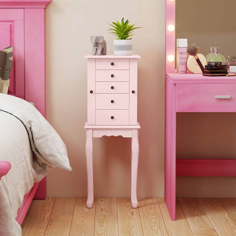 Costway Jewelry Cabinet Storage Chest Standing Organizer Mirror White - See Details
