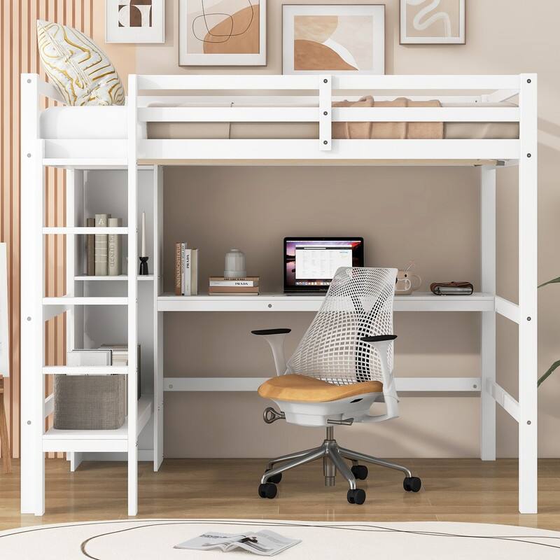 Full Size Loft Bed with Built-in Shelves and Desk, Multi-functional Bookcase Storage Bed Frame