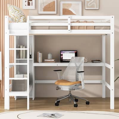 Full Size Loft Bed with Multifunction Shelves and Under-bed Desk