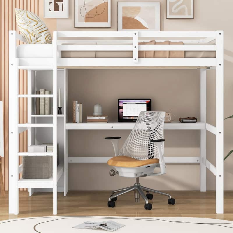 Full Size Loft Bed with Multifunction Shelves and Under-bed Desk