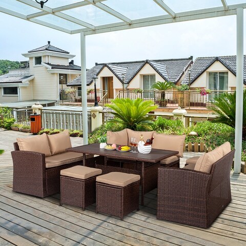 Outdoor Brown Wicker 8-Piece Dining Set with Beige Cushions