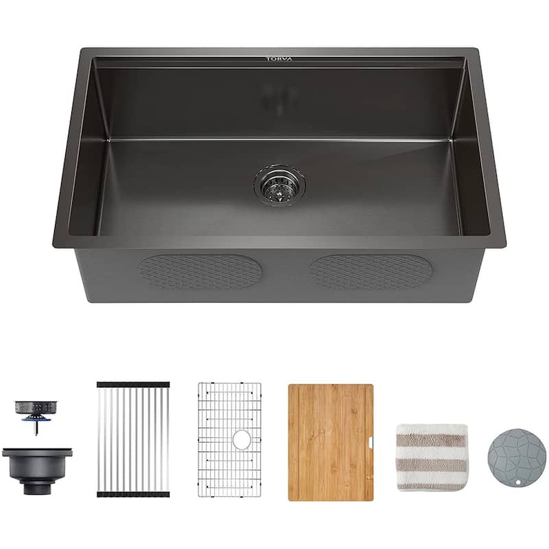 Black Kitchen Sink, 16 Gauge Stainless Steel Single Bowl Undermount Sink-32 x 19 x 10 - Black
