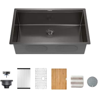 Black Kitchen Sink, 16 Gauge Stainless Steel Single Bowl Undermount Sink-32 x 19 x 10