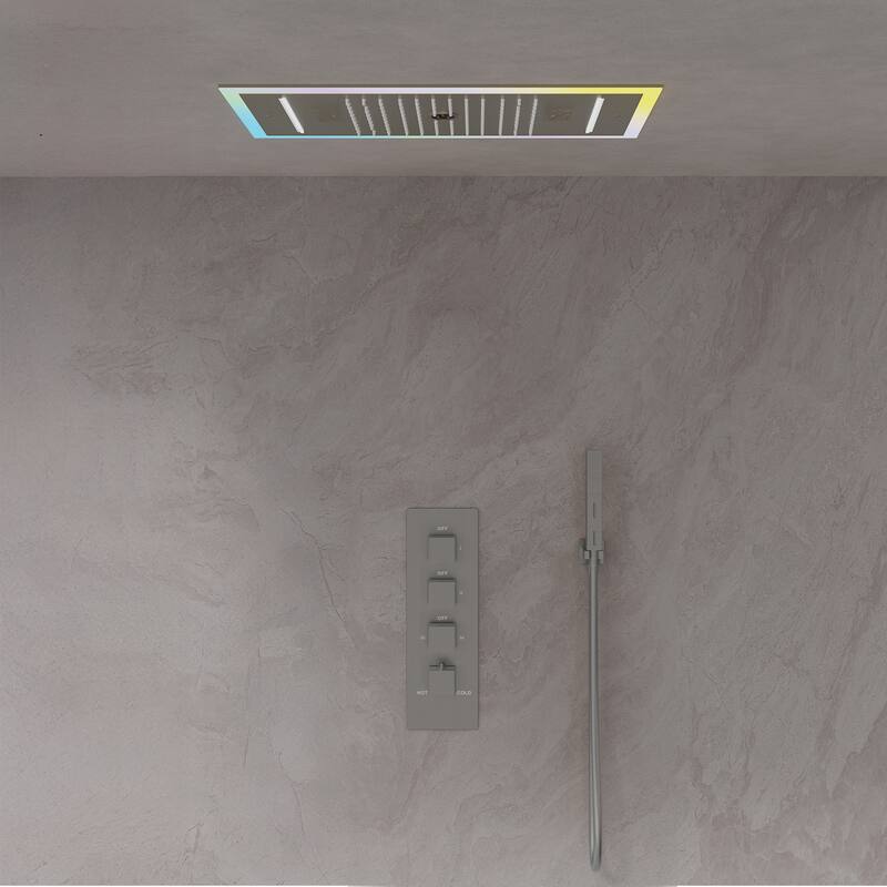 GRANDJOY Thermostatic Triple-Function LED Rain and Waterfall Shower System with Handheld and Built-In Music