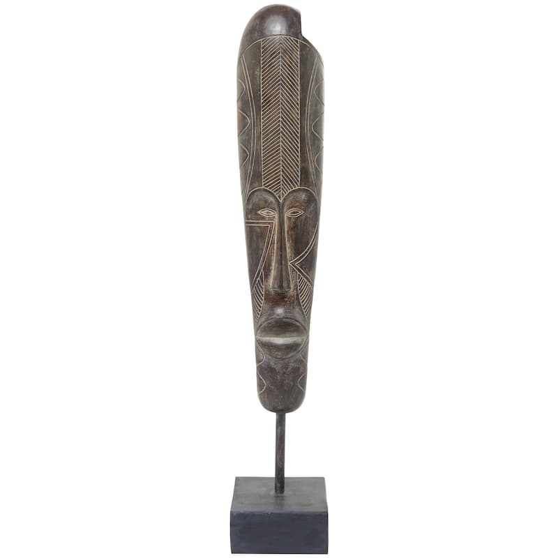 Polystone Mask Slim Carved African Tribal Sculpture with Block Base - Brown - Roche River Decor - 6"W x 5"L x 30"H