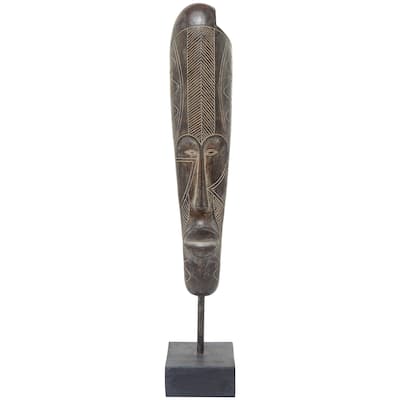 Polystone Mask Slim Carved African Tribal Sculpture with Block Base - Brown - Roche River Decor - 6"W x 5"L x 30"H