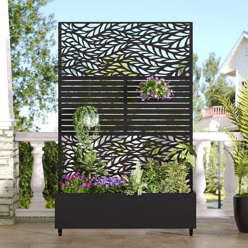 Metal Movable Planter Box with Trellis Privacy Screen Planter Box with Lockable Wheels