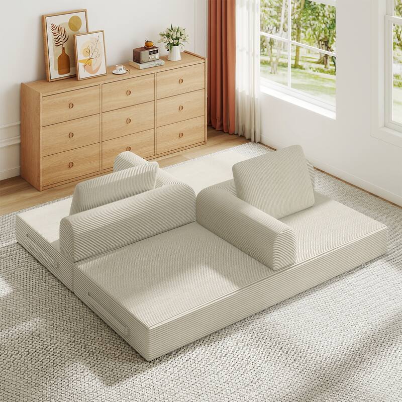 Convertible Sleeper Sofa Bed with Cylindrical Pillow - Corduroy Folding Mattress Couch with Fixed-Shape Frame