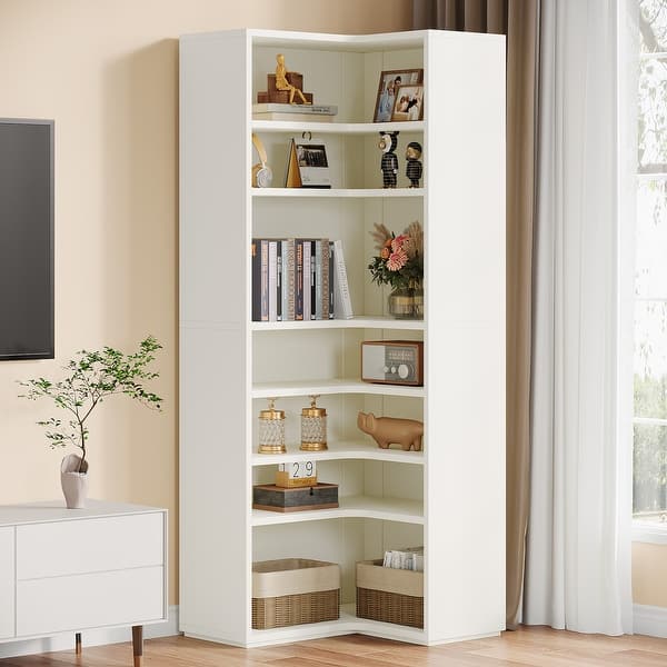 slide 2 of 9, 9-Tier Corner Shelf, 65" Tall Modern Corner Bookshelf Bookcase White