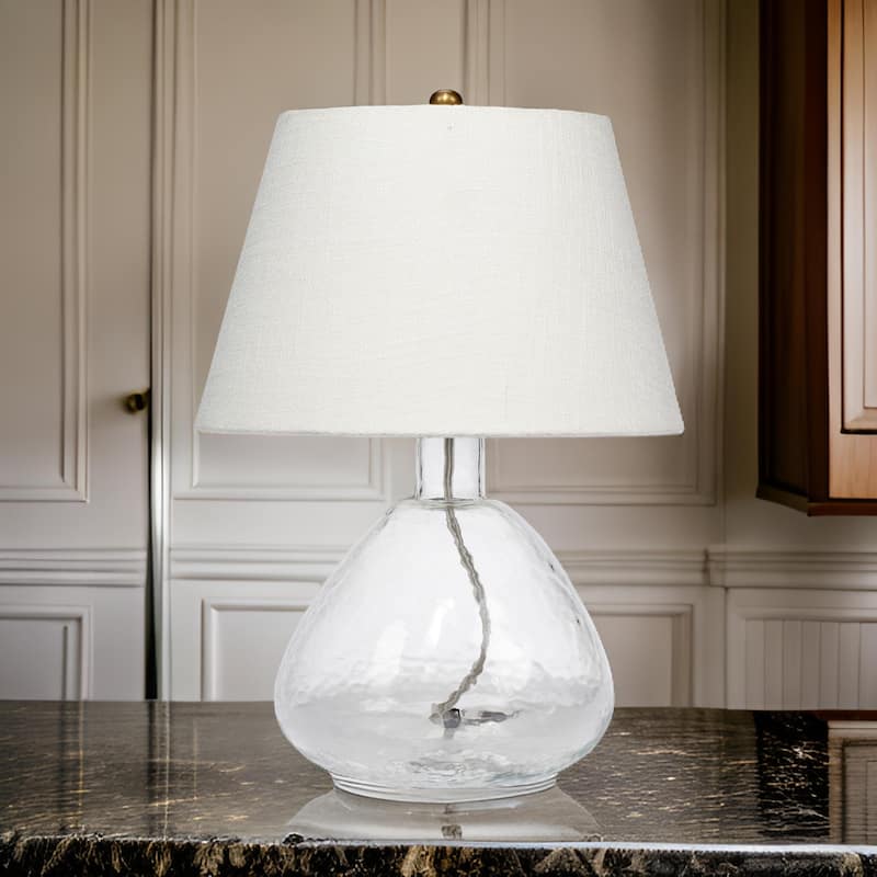 Navi 17 Inch Table Lamp, White Linen Drum Shade, Clear Glass Curved Body