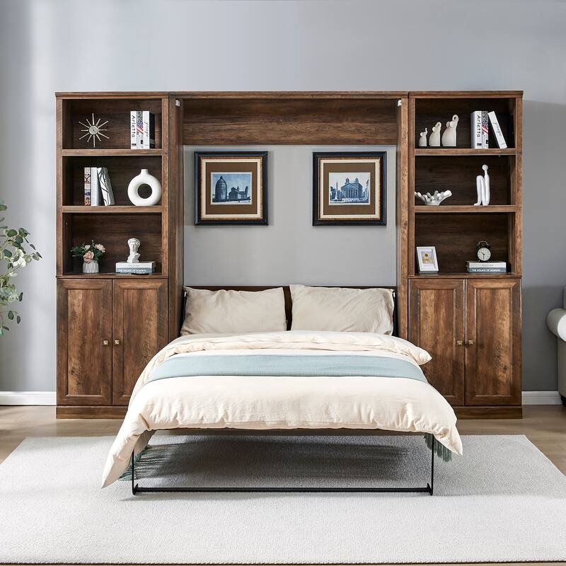 Half Self-Close and Open Murphy Bed with 2 Side Cabinet Storage Shelf