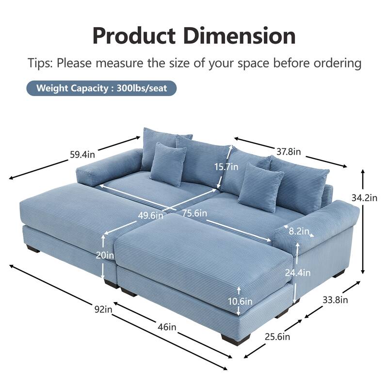 Sectional Couch with 2 Movable Ottomans, 92" Corduroy Couches for Living Room, Upholstered Sofa Couch with Deep Seat for Bedroom