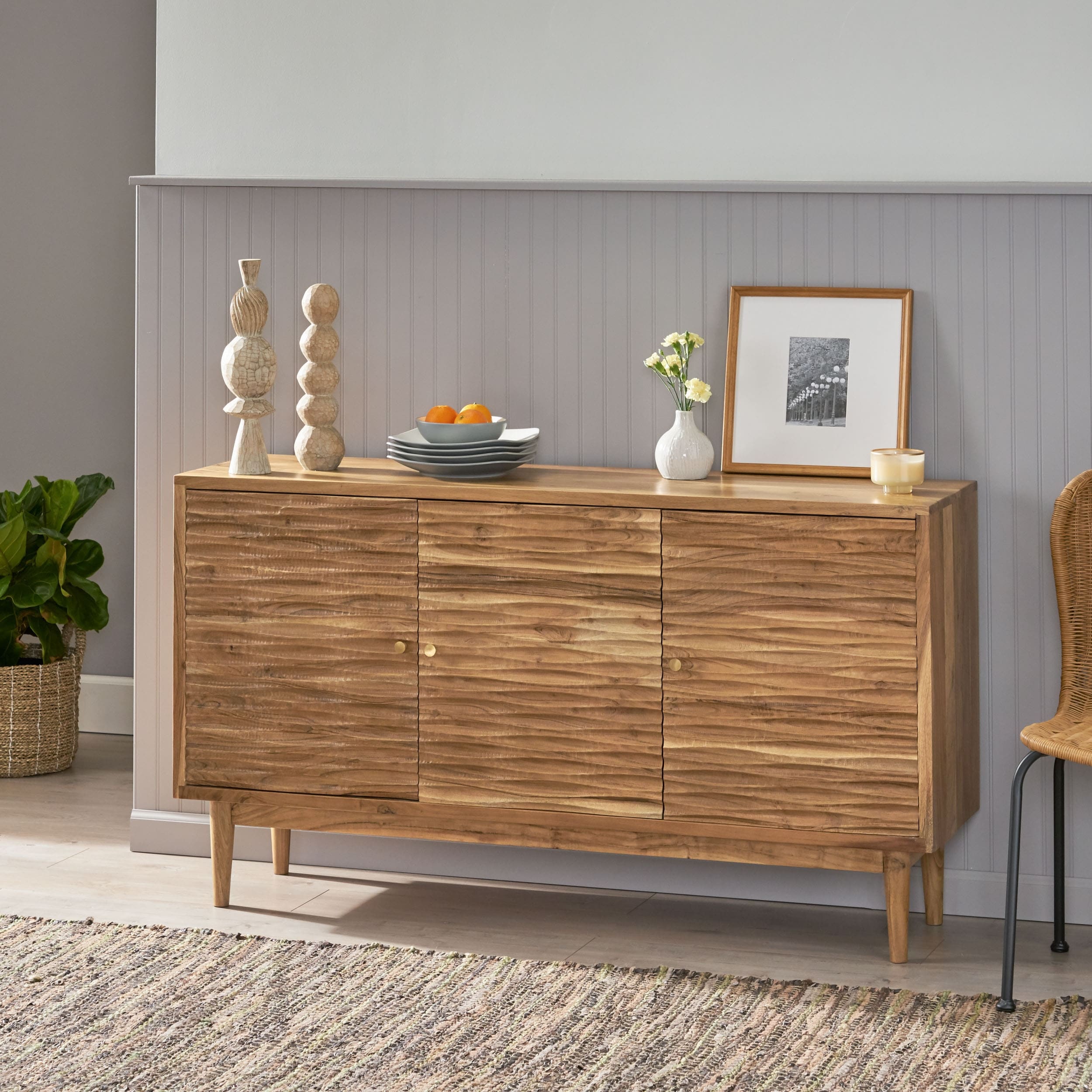 Roomfitters Mid-Century Modern Sideboard Buffet Cabinet with Three Doors and Textured Wood Finish, Natural Oak