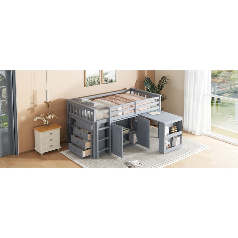 Roomfitters Twin Loft Bed with Storage Cabinet, Pull-Out Desk & Shelving, Rubber Wood Bed with Safety Guardrail & Ladder, Grey