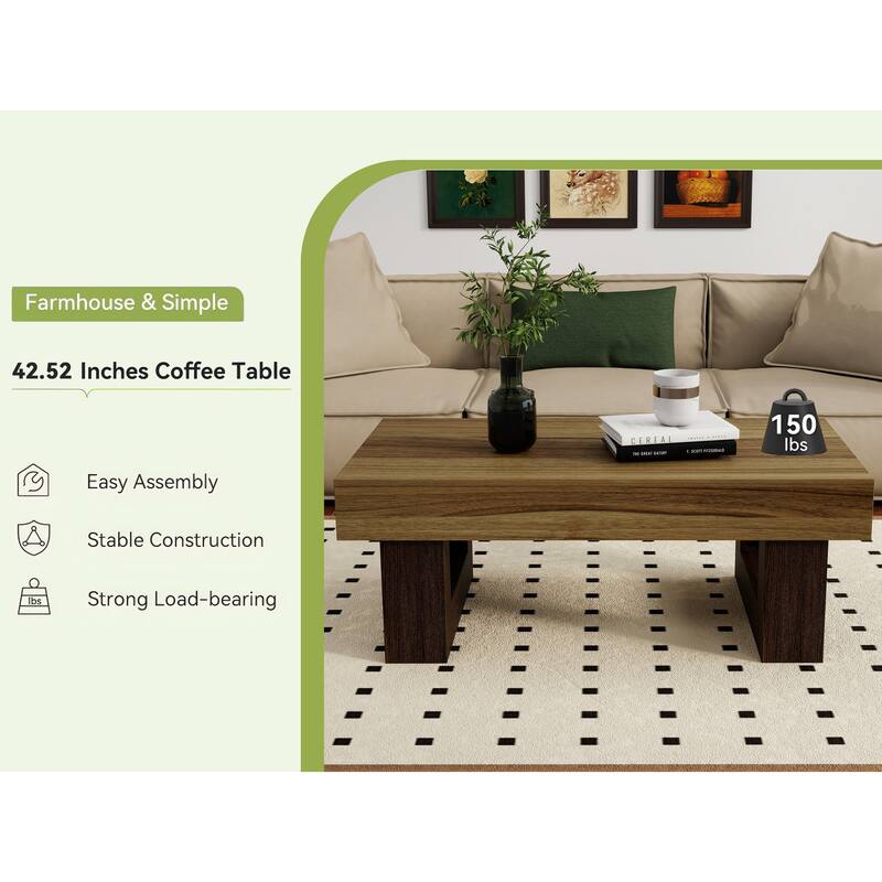 42 Inch Wood Rectangular Coffee Table, All MDF Farmhouse Accent Center Low Cocktail Tea Table with Sturdy Base