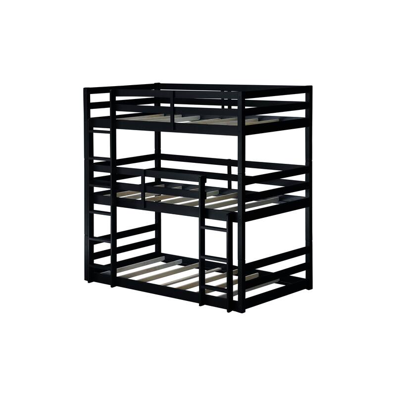 Triple Twin Bunk Bed with Built-in Ladders and Guardrails, Space-saving Design, Detachable, Black