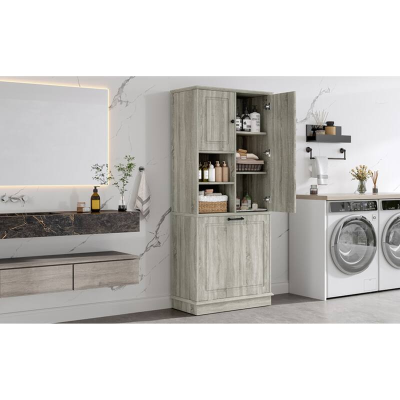 Roomfitters 67" Tall Storage Cabinet with Flip-Out Basket & Adjustable Shelves, MDF Linen Tower for Bathroom & Office