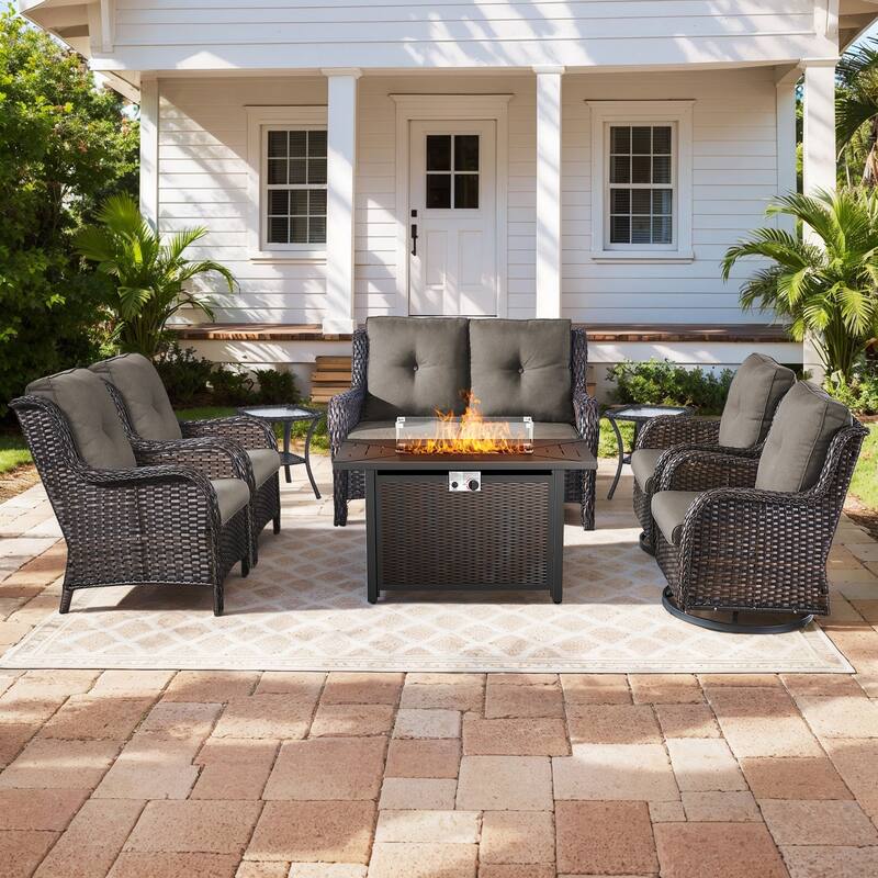 Gymojoy 8-Piece Outdoor Wicker Patio Furniture Set with Swivel Glider Rocker & 55,000 BTU CSA Propane Fire Pit - Brown Wicker / Grey Cusion - 8-Piece