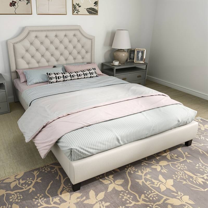 Moasis Linen Upholstered Platform Bed Velvet Bed Frame with Adjustable Headboard - Beige - Full