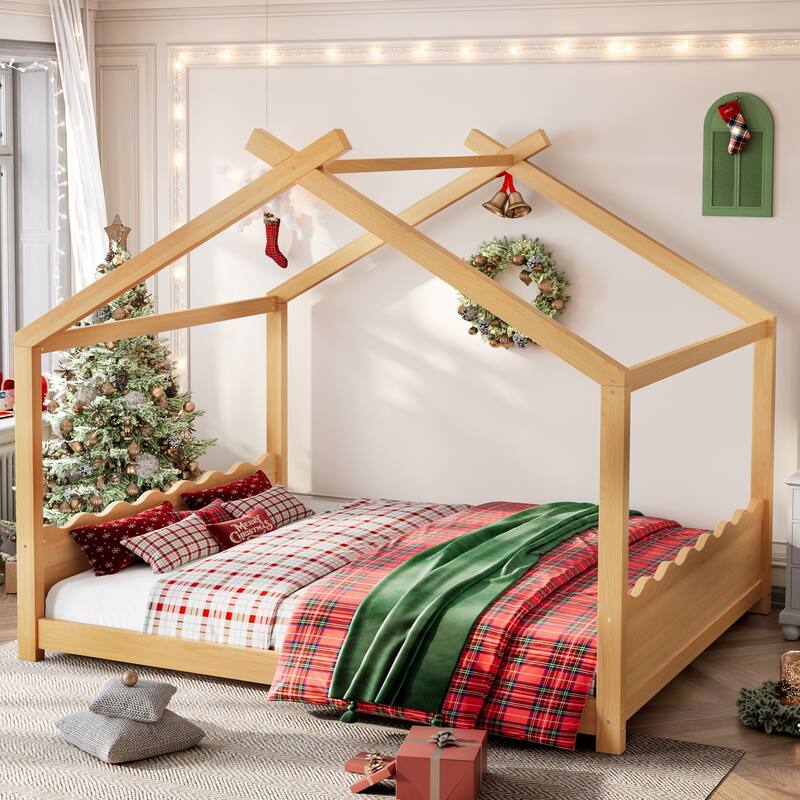 Queen/Full/Twin Solid Wood House Floor Bed, No Box Spring Needed