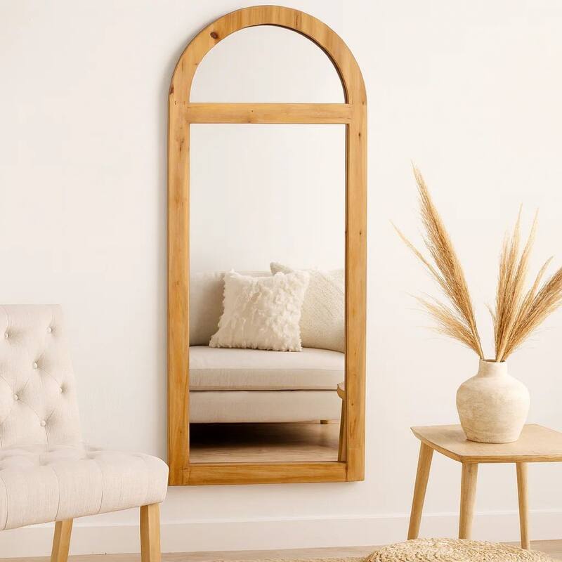 Farmhouse Style Rectangular Wooden Wall Mirror Set of 2 with Arched Top, Brown