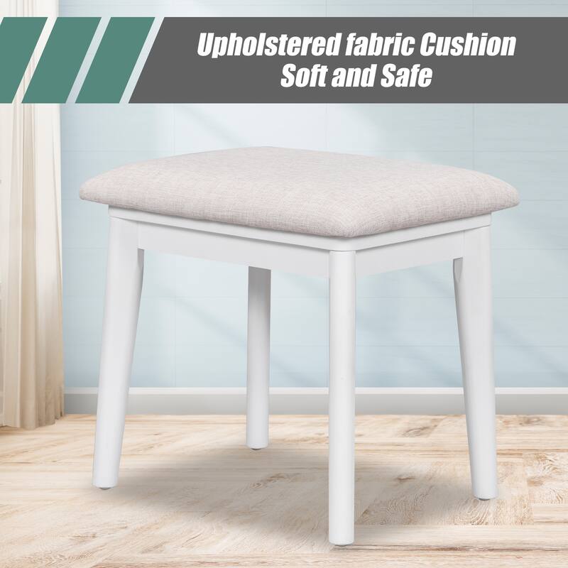 Wooden Makeup Vanity Set with Flip-top Square Mirror, Dressing Table and PU-upholstered Stool Set for Bedroom, White