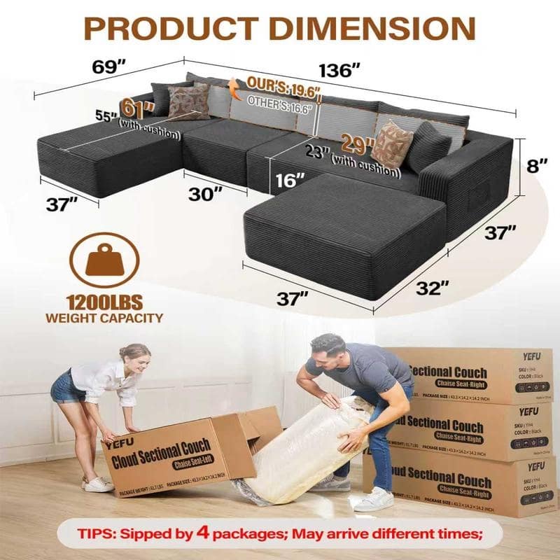 WINSOON 136''x69'' Plush Modular Sectional Sofa with Pillows