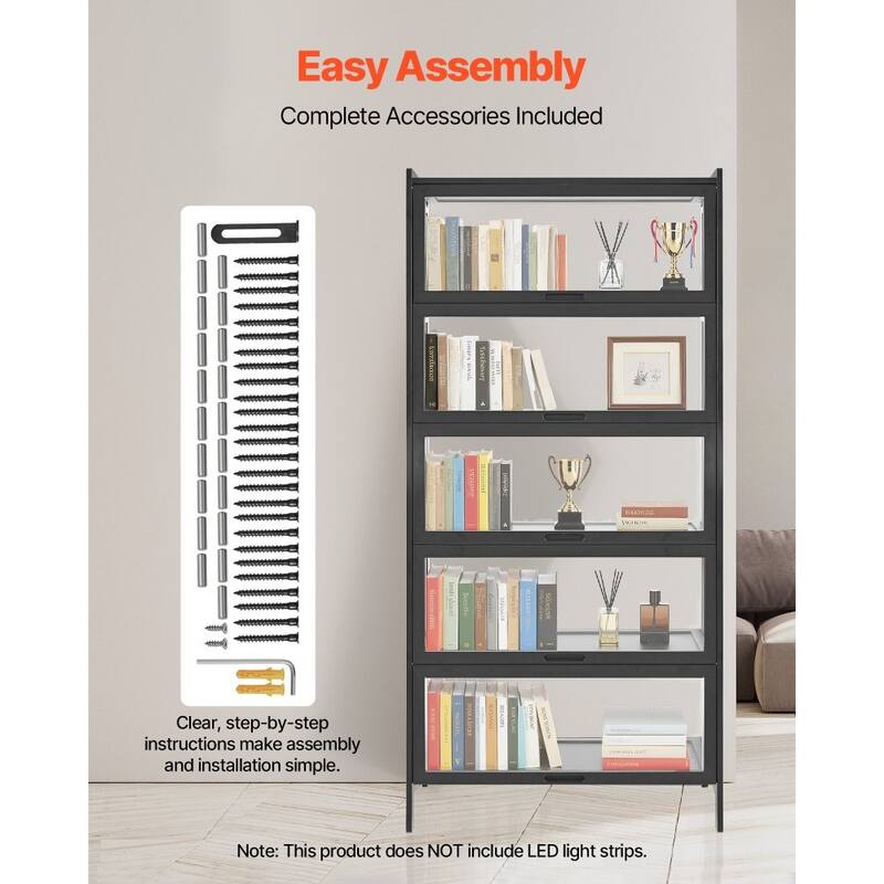Black Acrylic 5-Tier Display Cabinet with Flip Doors and Shelves - 32.28 × 12.60 × 67.72 inch