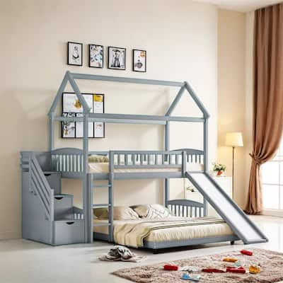 Twin Over Full Bunk Bed with Slide,House Bed with Slide