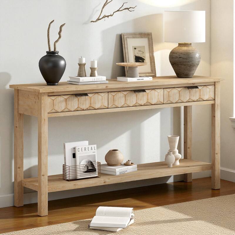 60'' Fir Veneer Console Table with Honeycomb-Patterned Drawers, 3 Storage Drawers and Open Shelf Entryway Table
