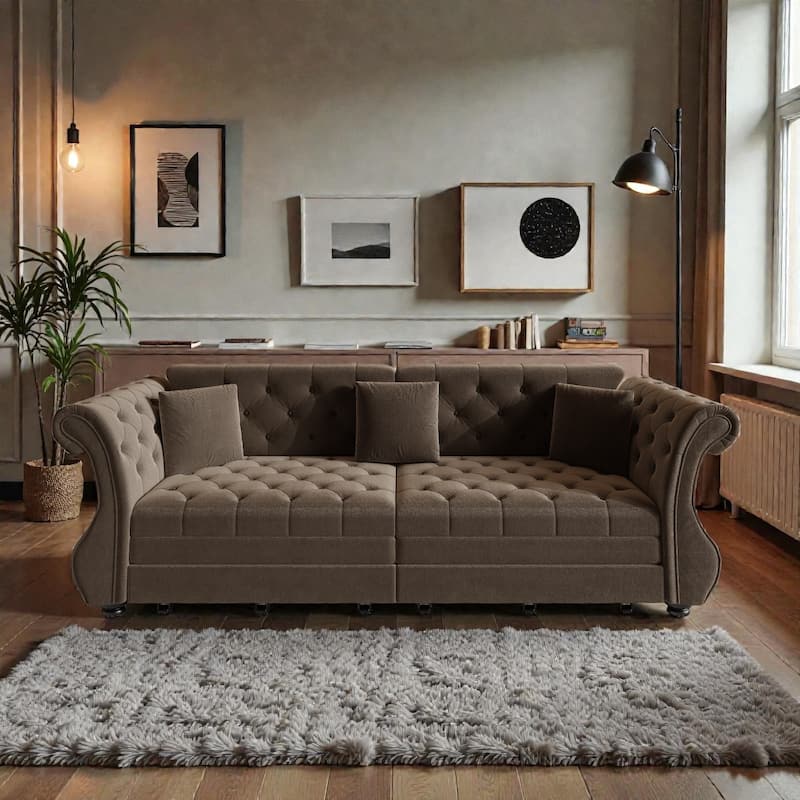 97.6 Inch Chesterfield Pull Out Sofa Bed, Velvet Roll Arm Couch with Flower Tufting, Convertible Sleeper