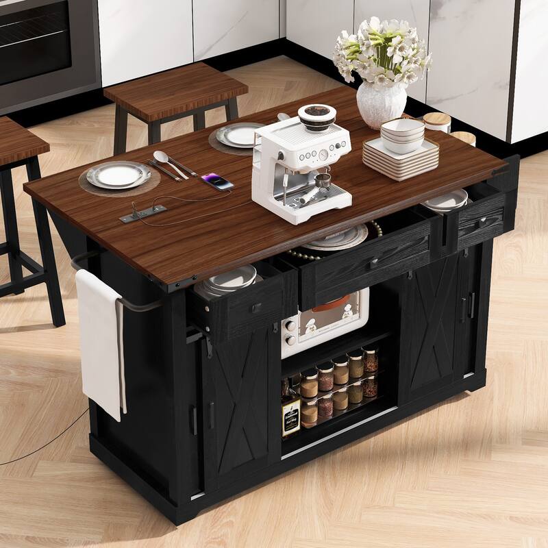 Anmytek Farmhouse Kitchen Island Cart with Drop Leaf and Power Outlets - Rolling Cart with Barn Doors and Metal Grid Side Door