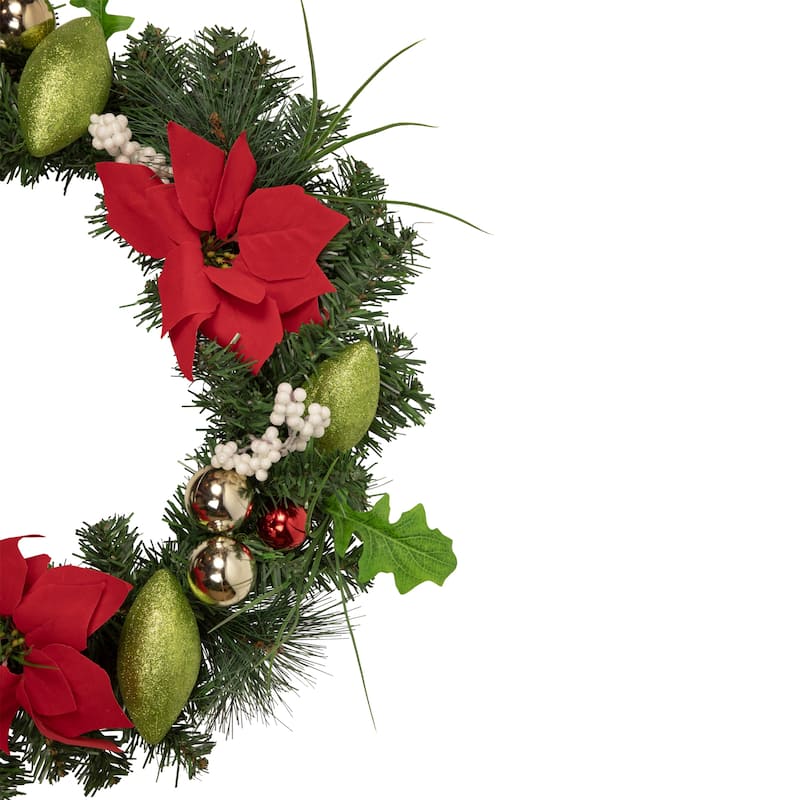 Decorated Red and Green Poinsettia and Pine Artificial Christmas Wreath 24-inch Unlit - 24"