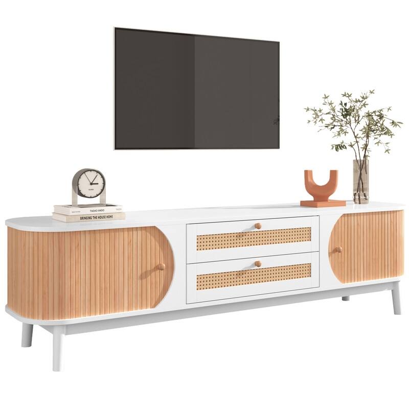 Rattan TV Stand for TVs up to 75'',Entertainment Center Media Console with Solid Wood Legs