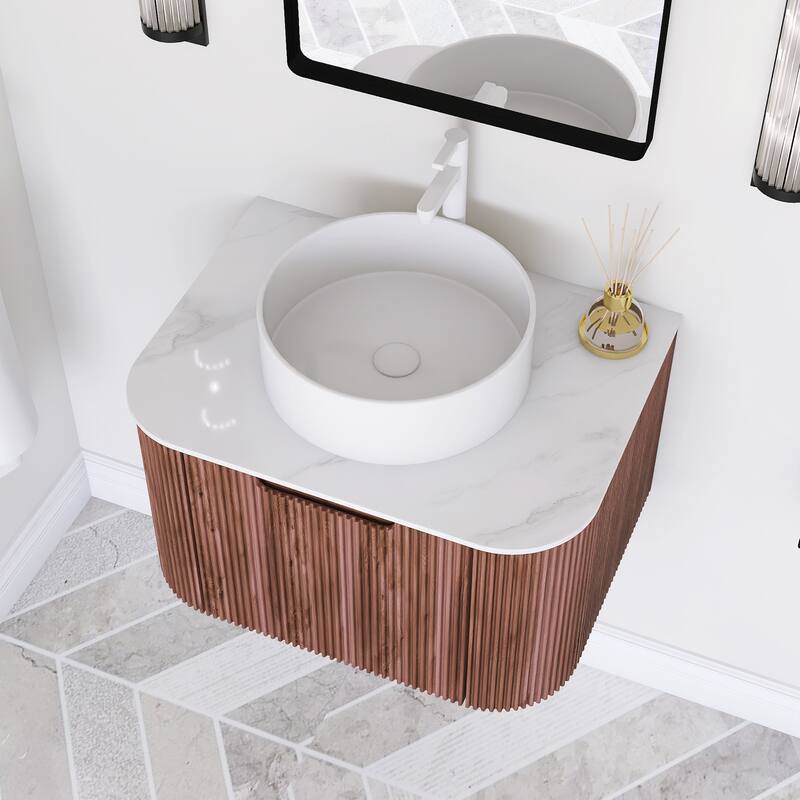 Plywood Wall-Mounted Bathroom Vanity Set with Integrated Ceramic Sink in Natural Wood