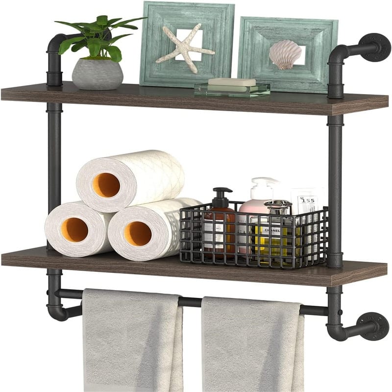 2 Tier Wood Floating Shelves Towel Rack - 7.87"D x 24"W x 25.6"H - Grey