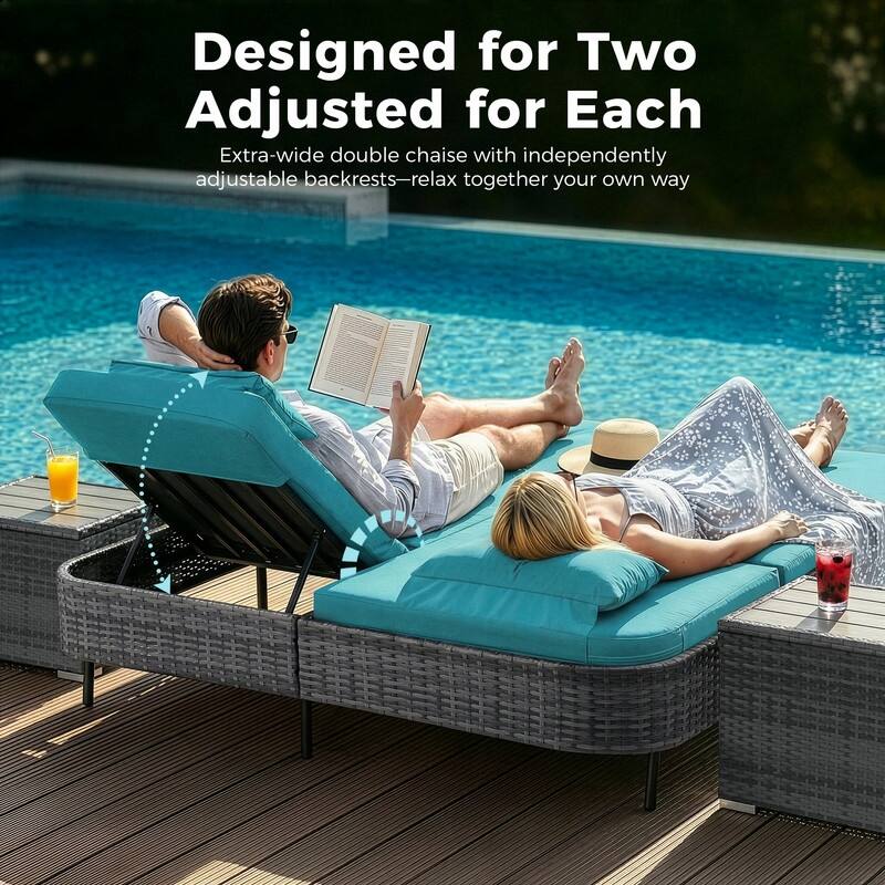 Outdoor Sectional Conversation Set PE Wicker with Double Chaise Lounge, 60,000 BTU Fire Pit Table