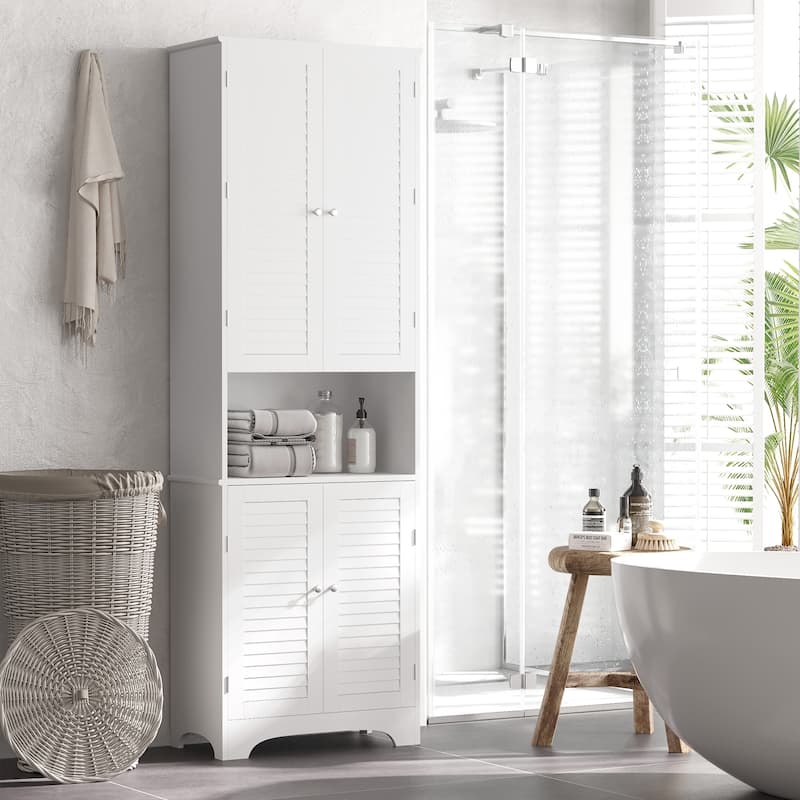 White Tall Slim Multi-Shelf Bathroom Storage Cabinet with Adjustable Shelves for Kitchen or Laundry Room