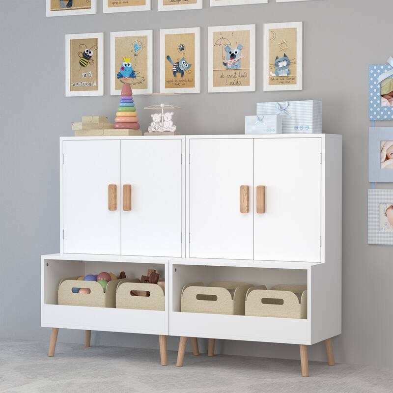 Anmytek Modern White Kids Storage Cabinet with Anti Tip Design - Scandinavian Playroom Organizer