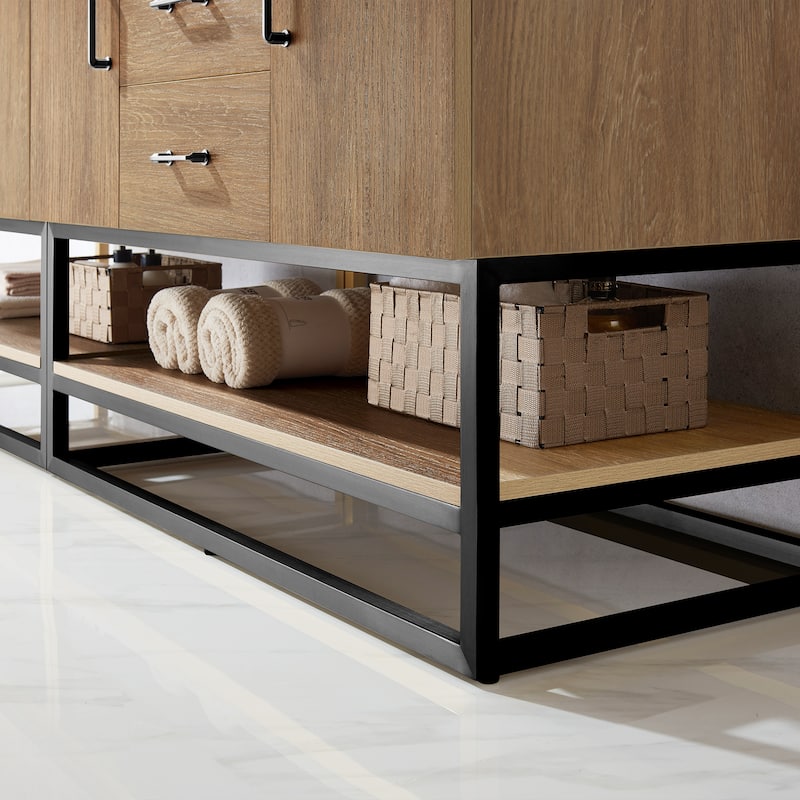 Alistair 84" Double Vanity with White Grain Stone Top and Mirror - 84" x 22"