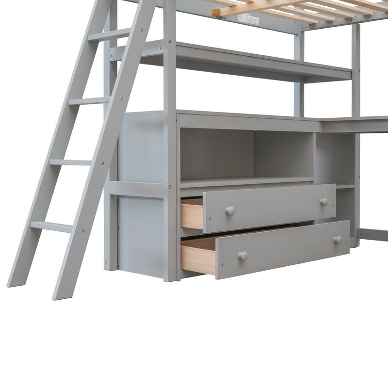 Modern Full Loft Bed with Desk, Storage Shelves, and Built-in Drawers
