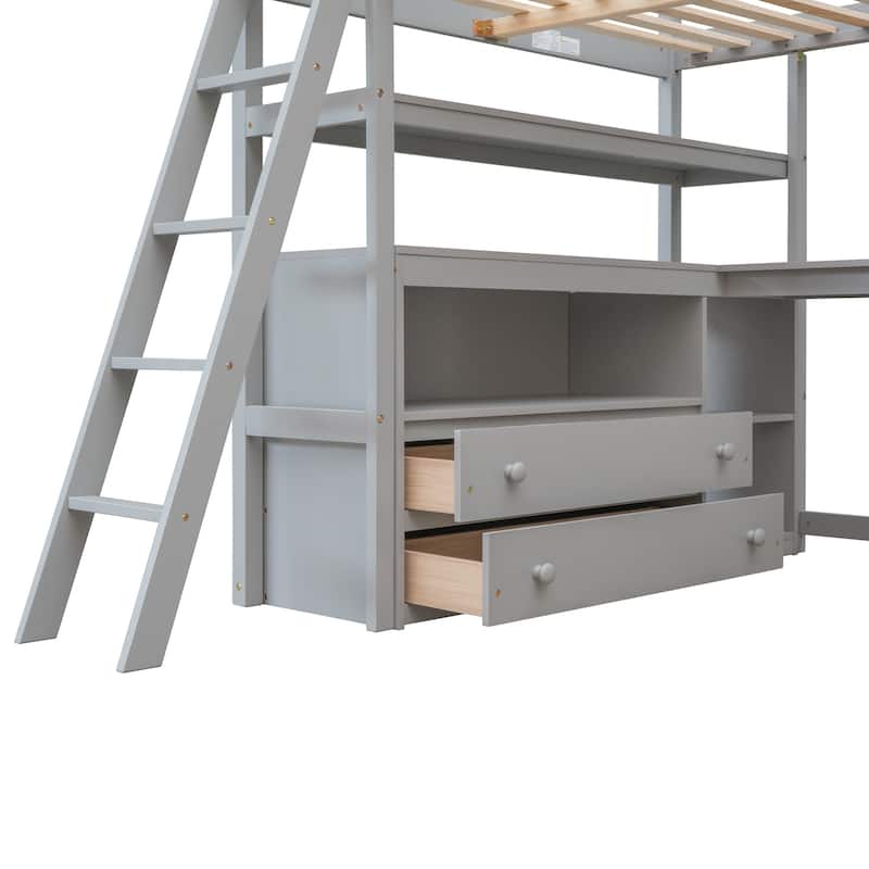 Pine Loft Bed with Desk, Shelves & Drawers