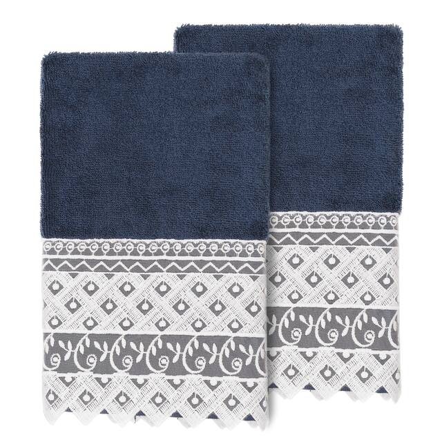 Authentic Hotel and Spa 100% Turkish Cotton Aiden 2PC White Lace Embellished Hand Towel Set - Navy