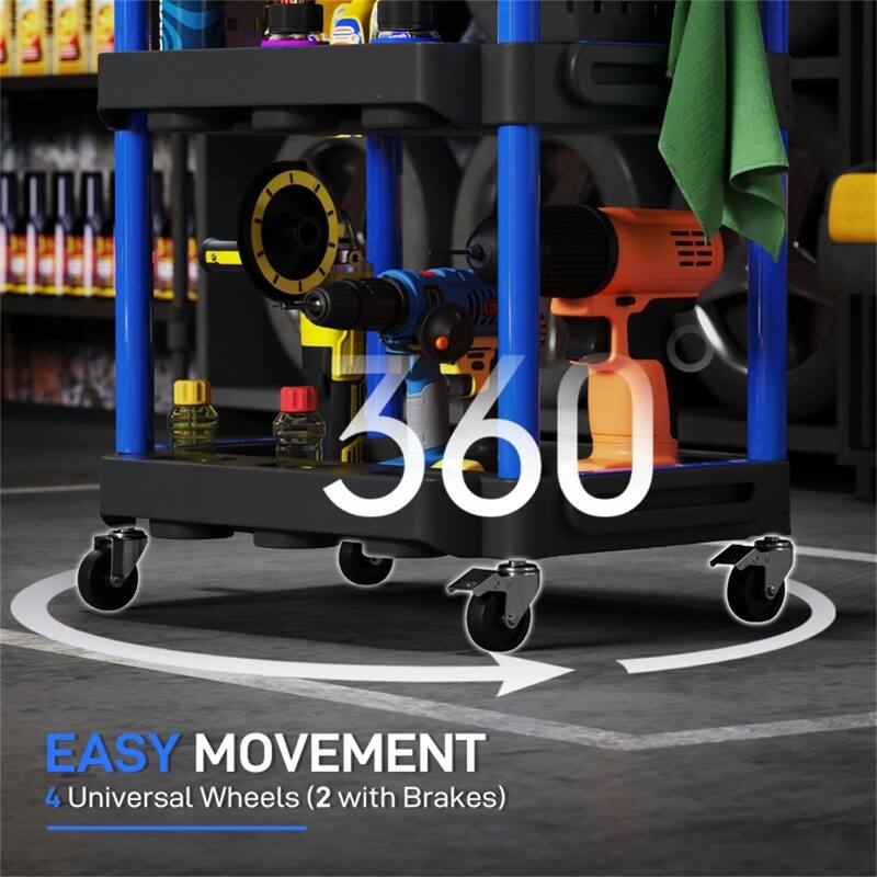 Three-Tier Mobile Rolling Tool Cart with Hooks and Storage Holes for Garage Workshop Organizer - 22.2" W x 18.7" D x 35" H