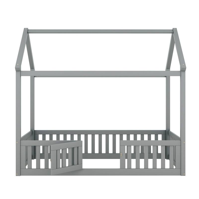 Twin Size Wood House Bed with Fence and Door, Kids Bed