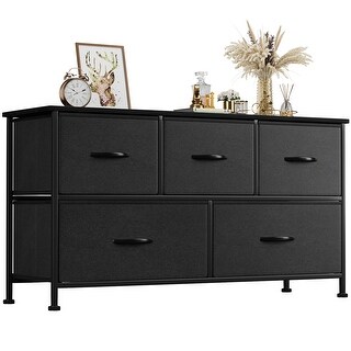 Furniwell 5 Drawer Fabric Dresser Wide Chest Of Drawers, Black