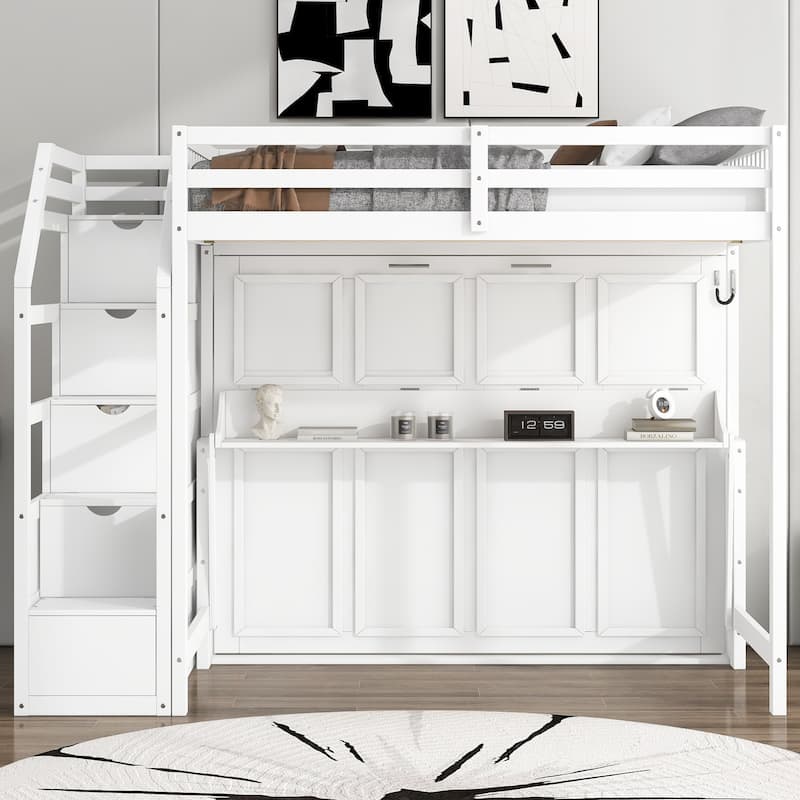 Full XL Loft Bed with Storage Staircase, Murphy Bed, Desk, and LED Light in White