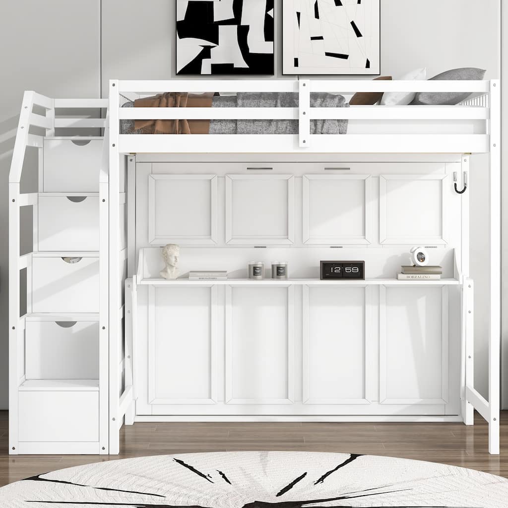 Full XL Loft Bed with Storage Staircase, Murphy Bed, Desk, and LED Light in White